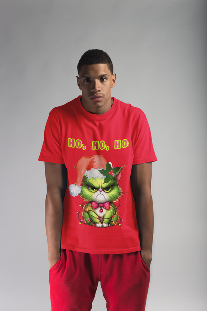 Angry Christmas Cat “Ho Ho Ho” T-Shirt – Bella+Canvas 3001
